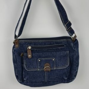Navy Blue Denim and Brown Handbag